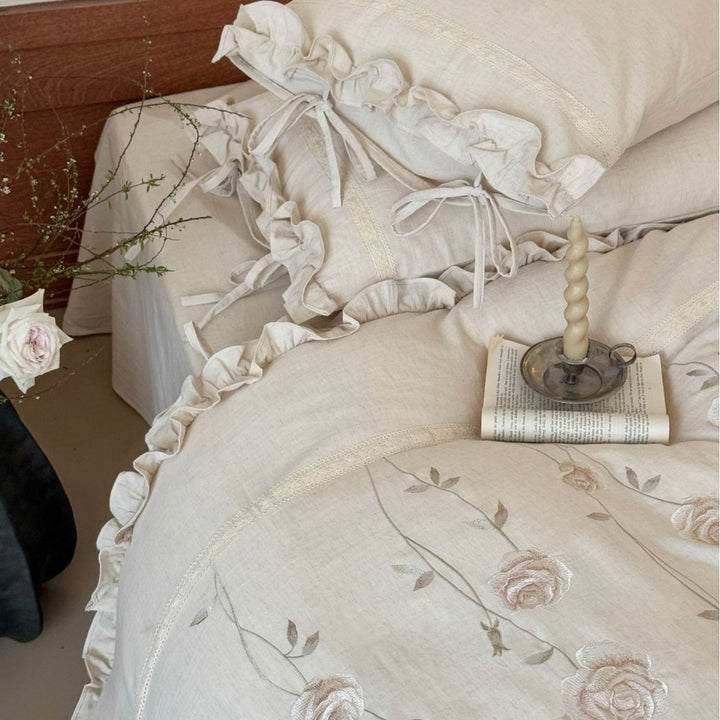 Embroidered Rose Linen‑Feel Ruffled Duvet Cover Set with Ties