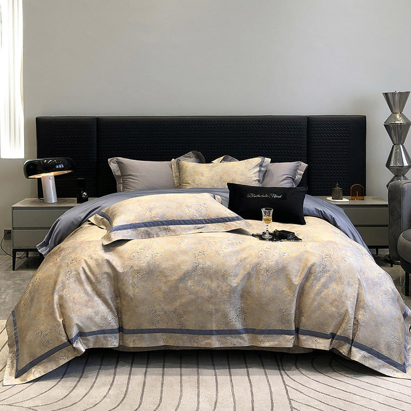 Satin bedding set with watercolor rose design, hotel closure and contrast piping