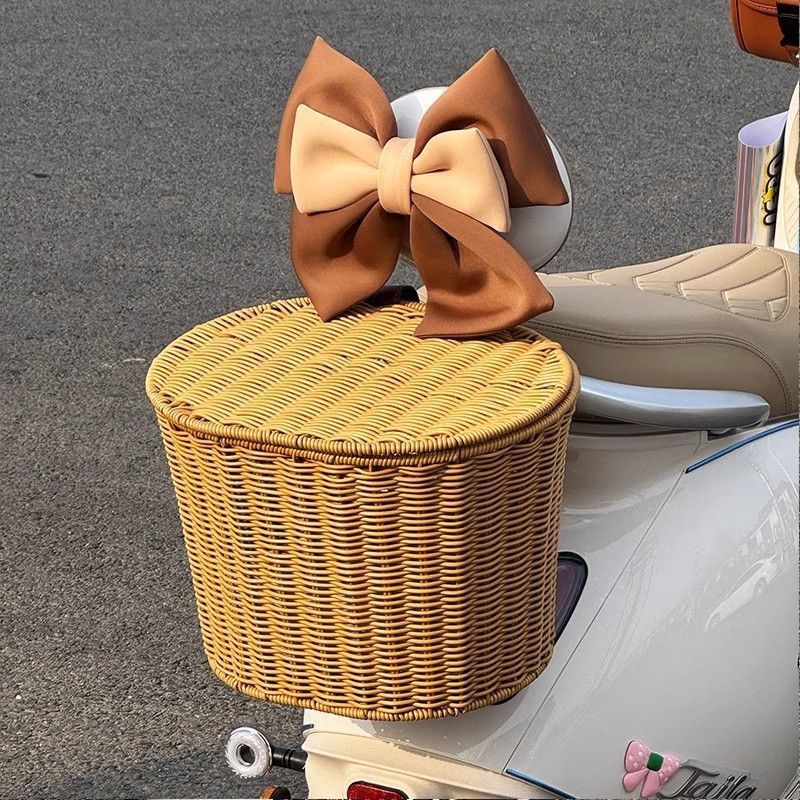 woven rattan front bicycle basket with universal handlebar mount Stornfield