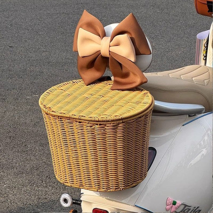 woven rattan front bicycle basket with universal handlebar mount Stornfield