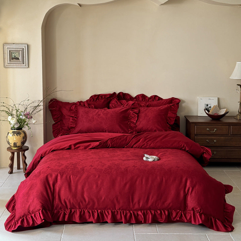 Ruffled Jacquard Cotton Duvet Cover Set with Embossed Floral Motif and Matching Pillow Shams