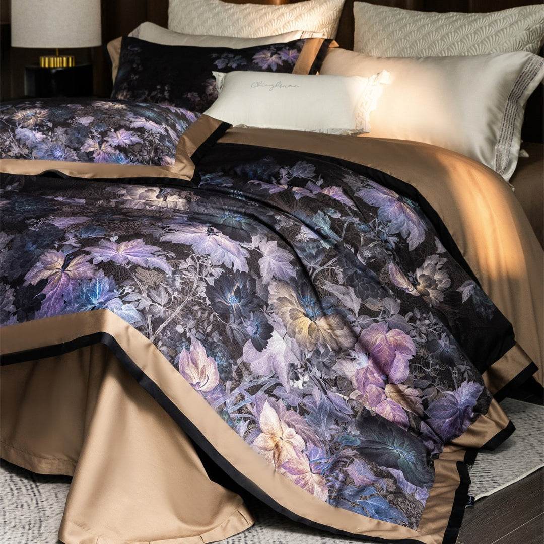 Luxurious Botanical Jacquard Sateen Duvet Cover Set with Contrast Hem & Hidden Closure
