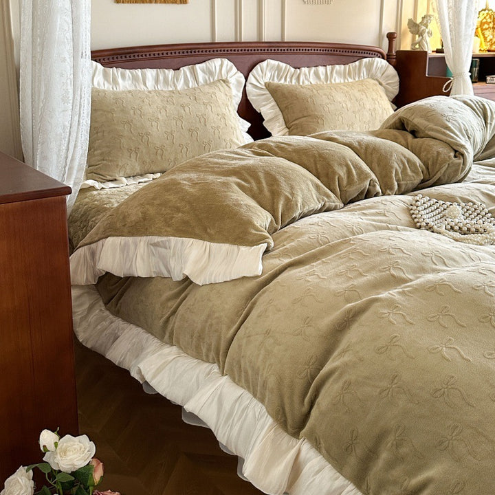 Embroidered Plush Velvet Ruffled Duvet Cover Set with Pleated Skirt