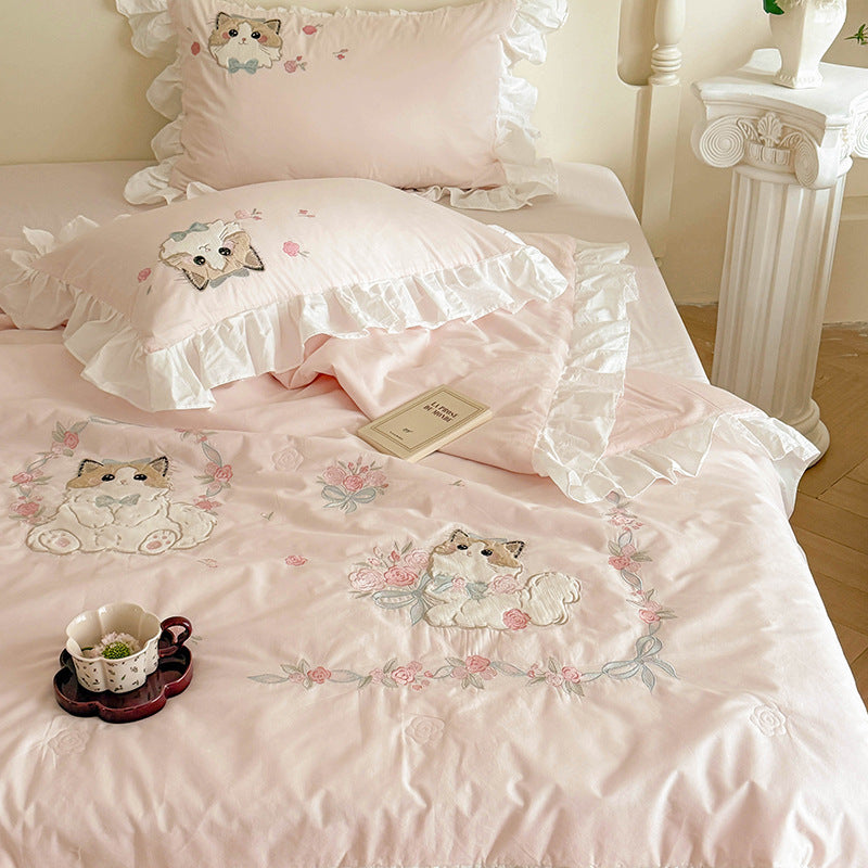 Romantic cotton bedding set with ruffles and embroidered cat motifs