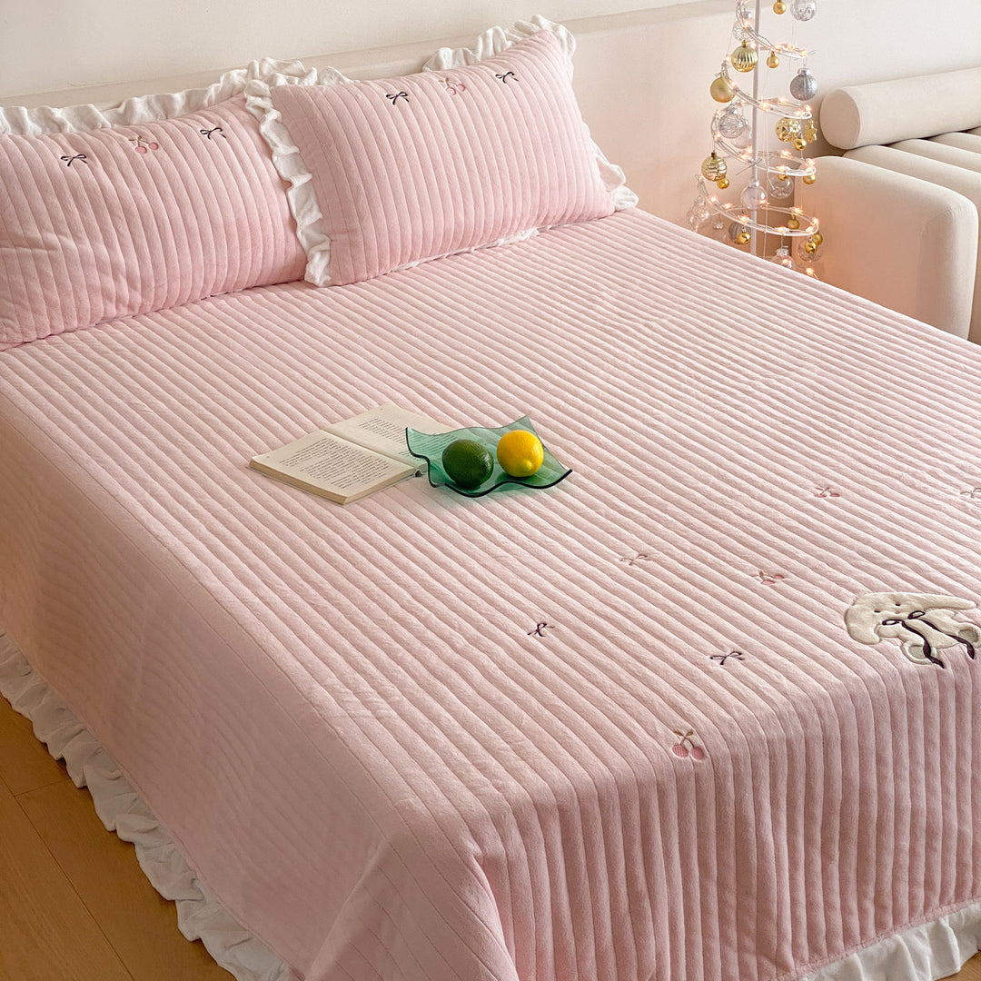 Quilted Ruffled Bedspread Set with Embroidered Bow Motifs and Ruffled Pillow Shams