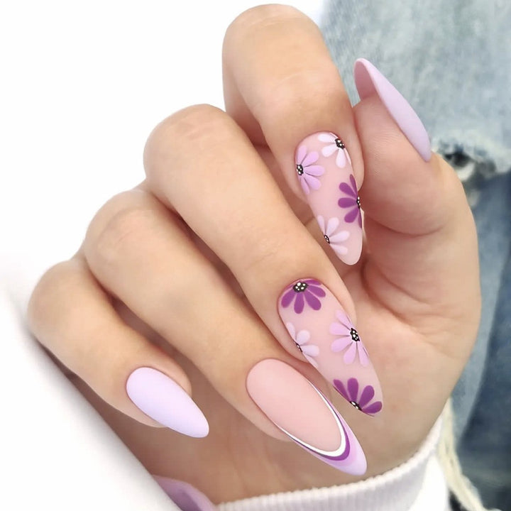 Artificial nail set with colorful flowers and creative French design Stornfield