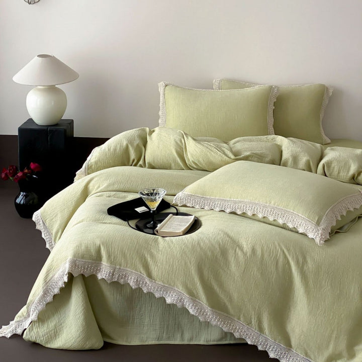 Luxurious linen bedding set with lace trim and pillowcases