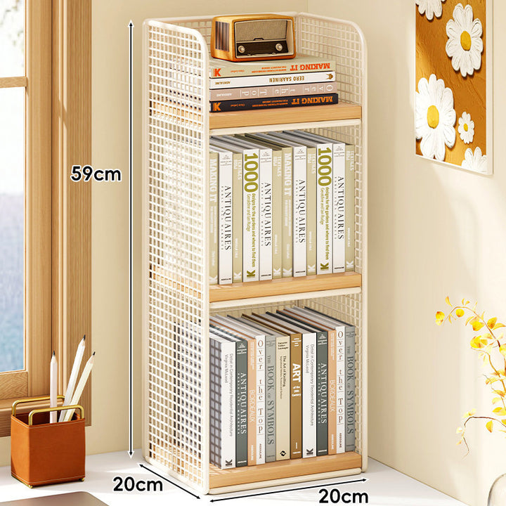 Compact Vertical Two-Tier Metal Grid Desktop Bookshelf Organizer with Solid Wood Shelves