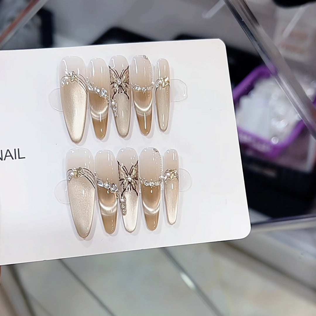 Artistic Butterfly and Pearl-Embellished Press-On Nail Set Stornfield