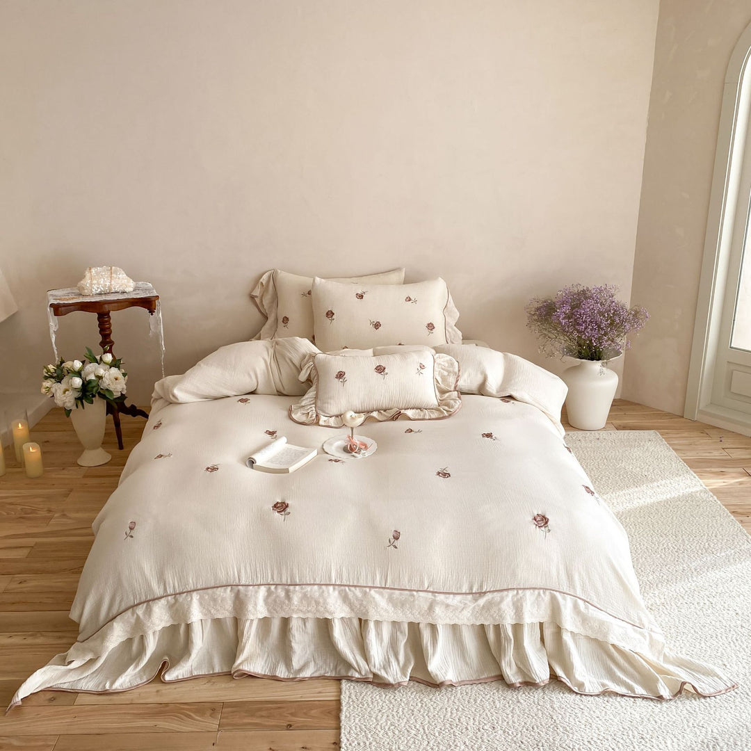 Floral Embroidered Ruffled Cotton Duvet Cover Set