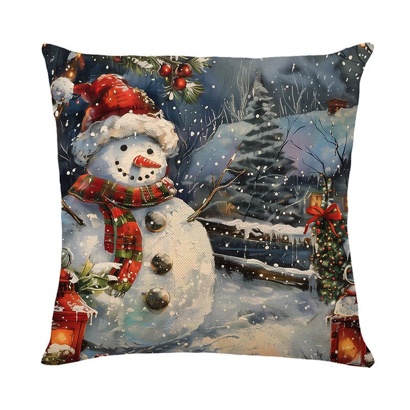 Festive Cotton-Linen Square Throw Pillow Cover with Snowman Winter Village Print and Concealed Zipper