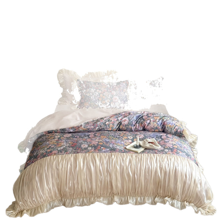Floral Ruffled Satin-Trim Duvet Cover Set with Pleated Bed Skirt and Pillow Shams