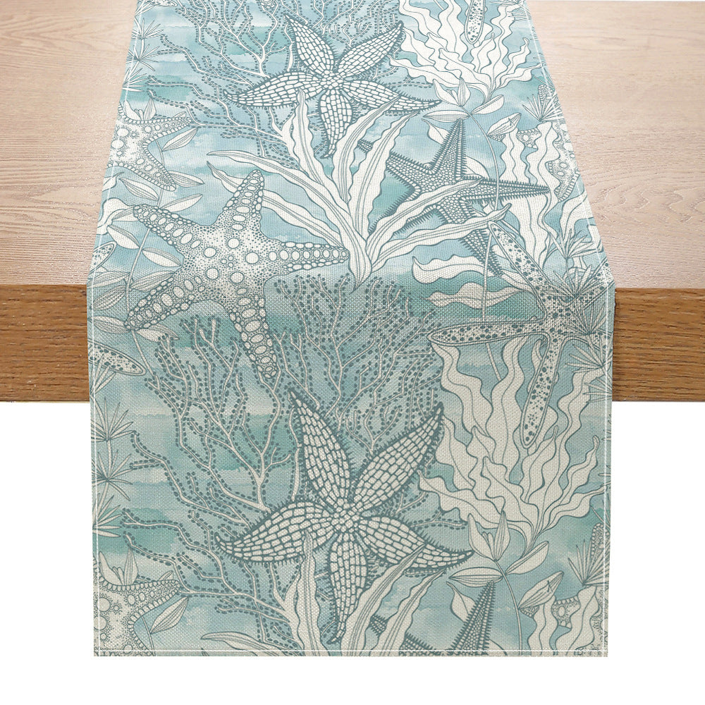 Coastal Watercolor Octopus & Sea Life Cotton-Linen Table Runner