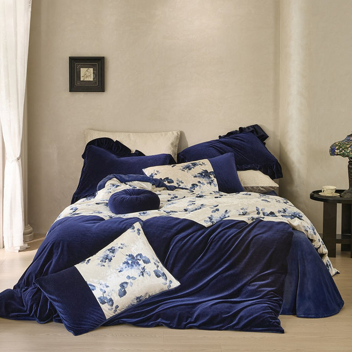 Velvet-Finish Reversible Comforter & Floral Panel Bed Ensemble