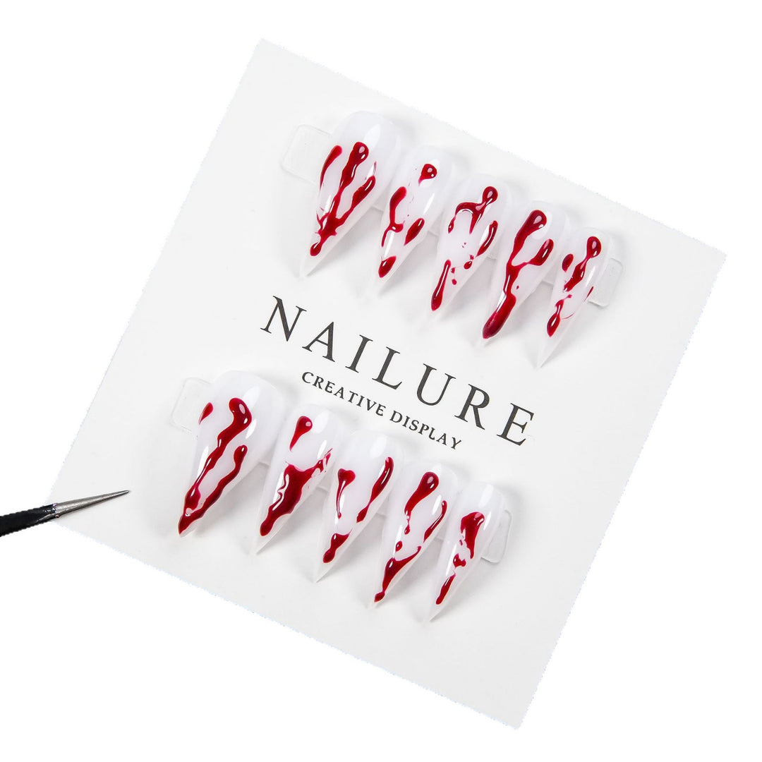 Artistic Press-On Nail Art Set with Dripped Red Design