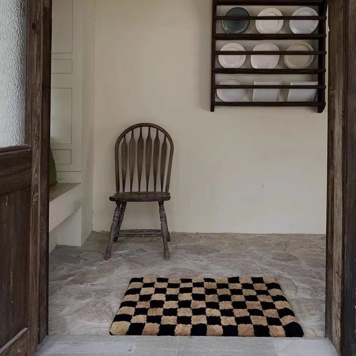 Hand‑Tufted Plush Checkered Non‑Slip Microfiber Door Rug