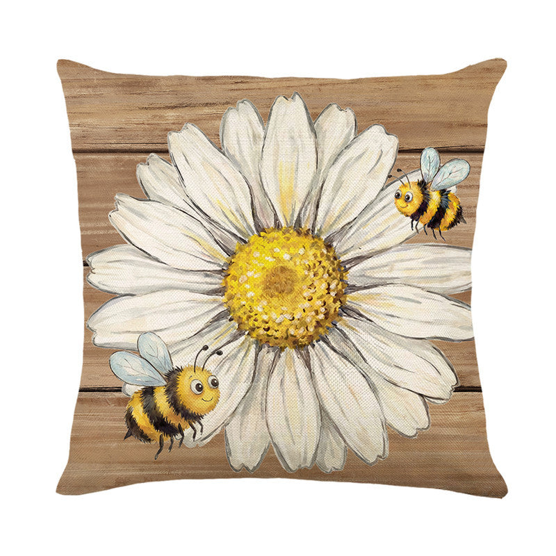 Hand-Painted Daisy and Bumblebee Rustic Wood-Print Cotton-Linen Cushion Cover