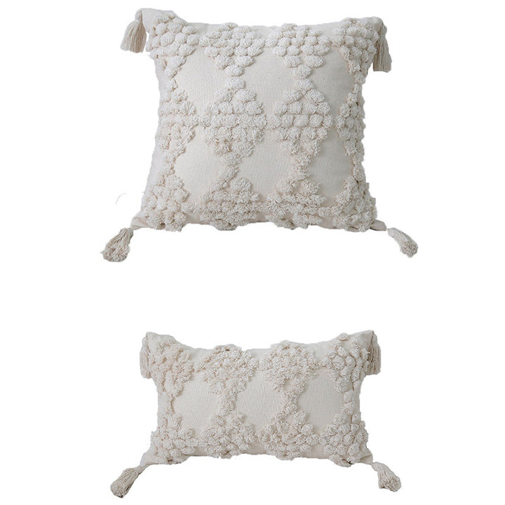 Artisanal Tufted Pom-Pom Cotton Square & Lumbar Tassel Accent Pillow Set with Removable Covers