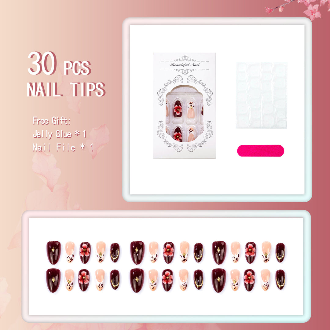 Artistic Press-On Nail Set with Floral and Leopard Accents
