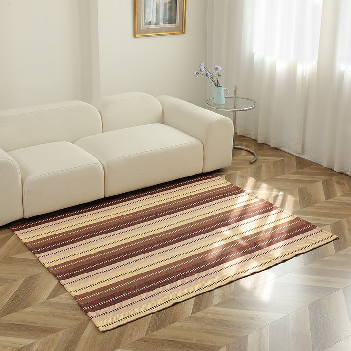 Flat-woven striped living room rug with low pile and non-slip backing