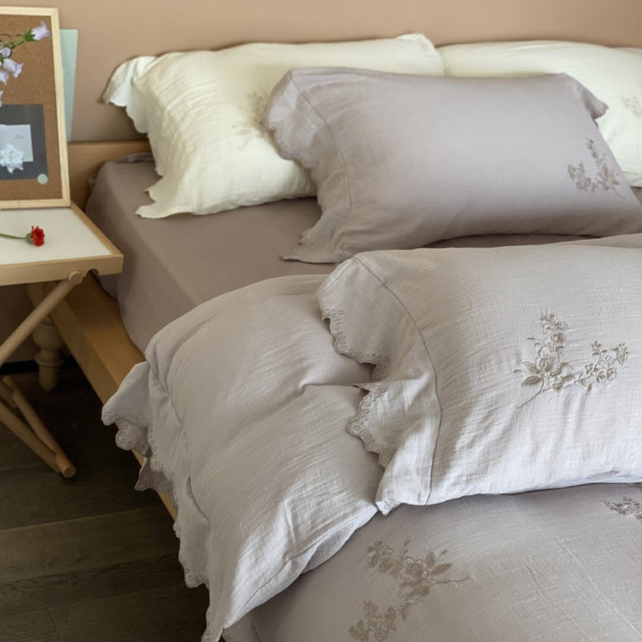 Textured Cotton-Gauze Linen-Feel Ruffled-Edge Duvet Cover Set