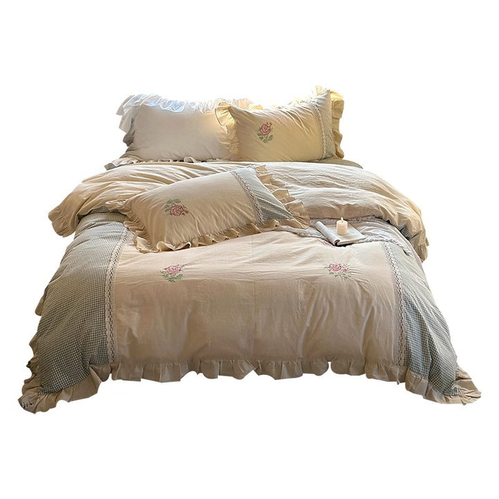 Vintage Floral Embroidered Ruffled Cotton Duvet Cover Set