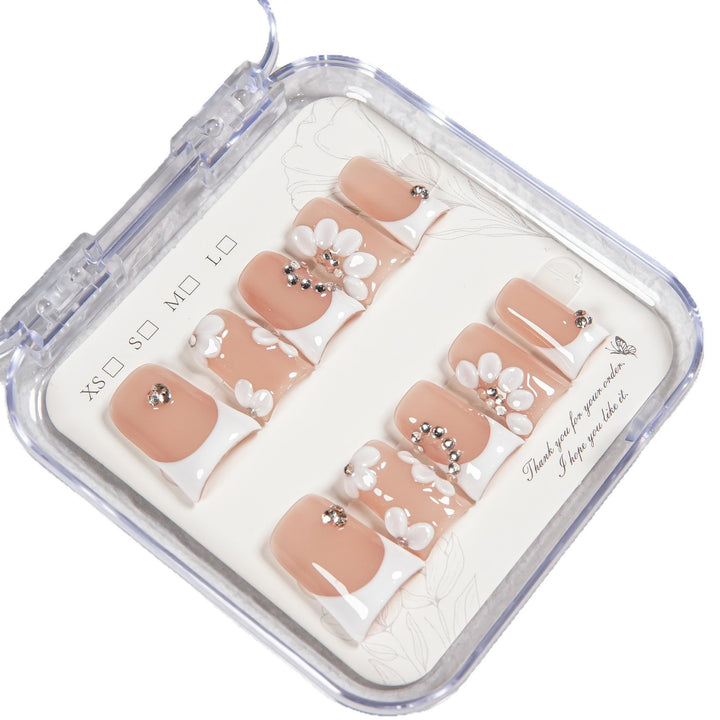 Floral Press-On Nail Set with Gem Accents