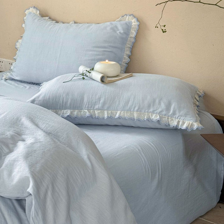 Ruffled Lace-Trim Washed Cotton Duvet Cover Set with Pillow Shams