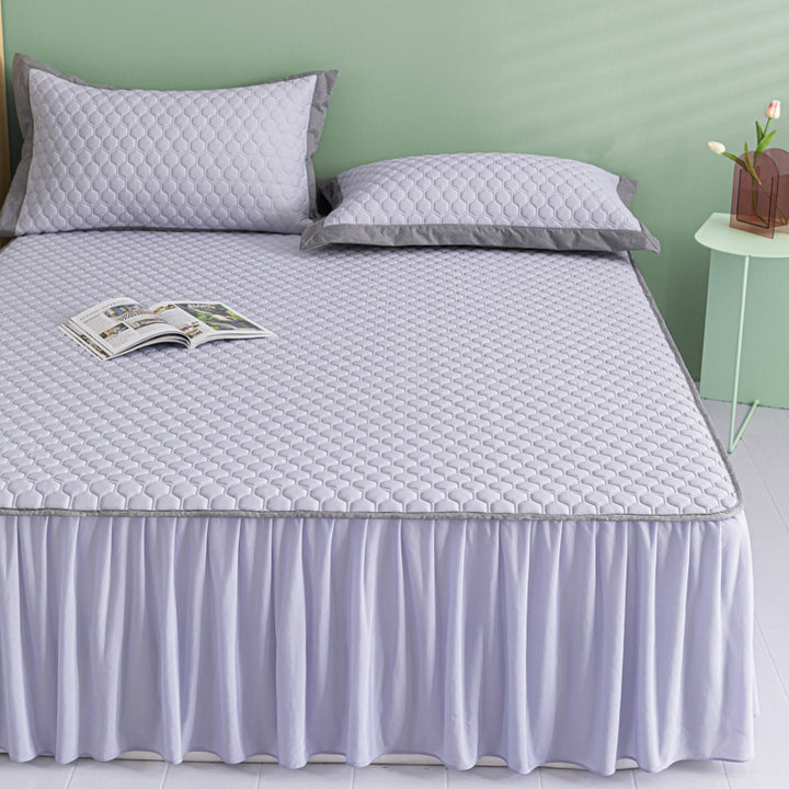 Quilted mattress topper complete set with elastic bed skirt and pillowcases
