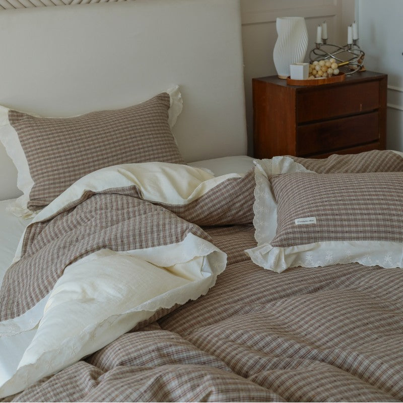 Plaid Cotton-Linen Duvet Cover Set with Ruffled Lace Trim