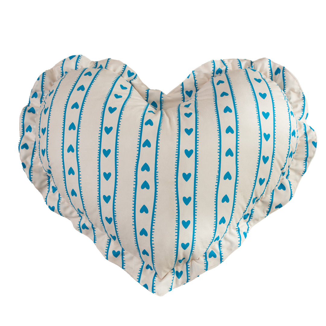 Heart-shaped cotton decorative cushion with gathered edge and heart stripe motif Stornfield