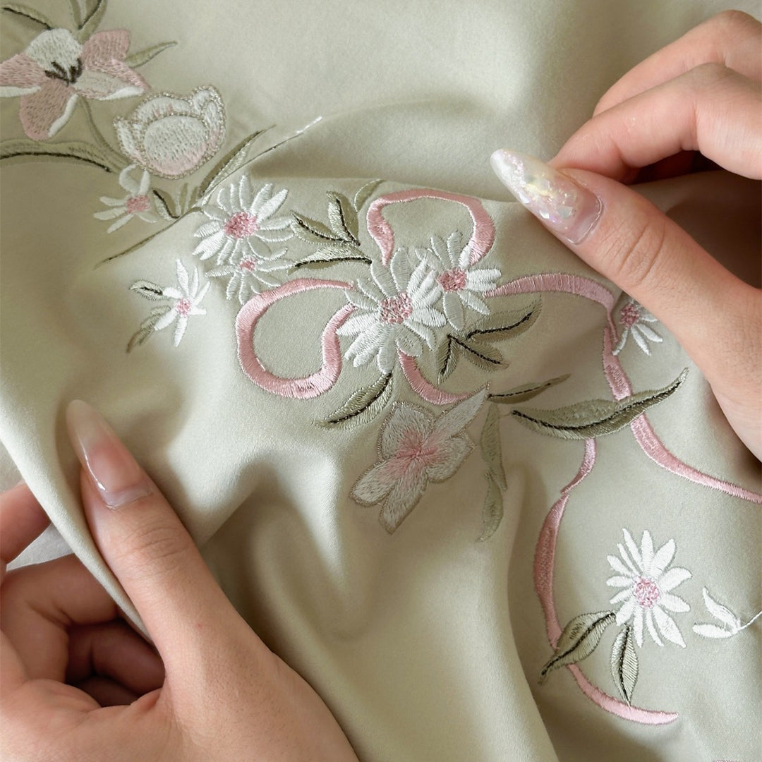 Elegant Satin-Blend Embroidered Duvet Cover Set with Pleated Accent Shams