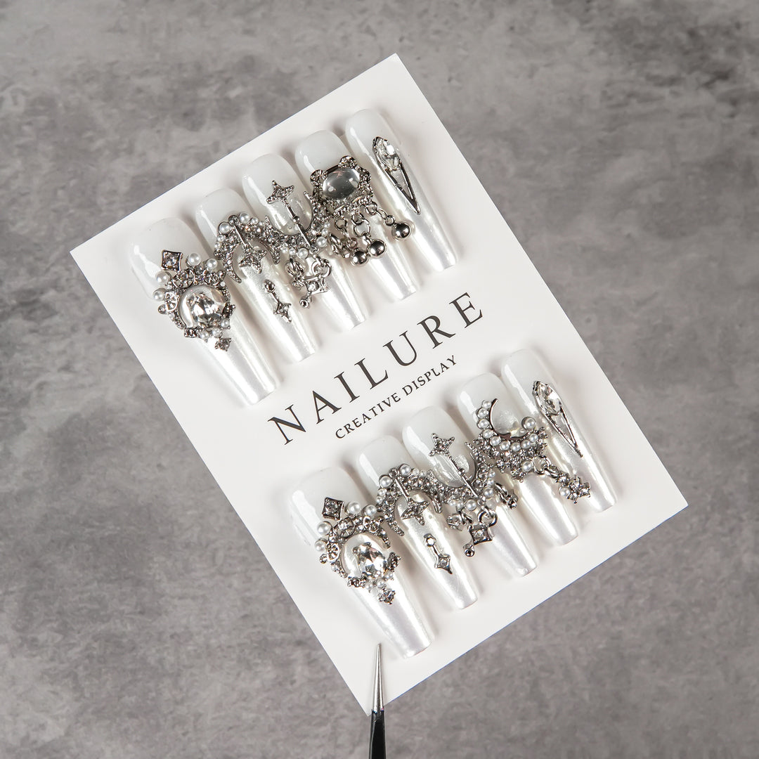 Decorative Press-On Nail Set with Embellishments