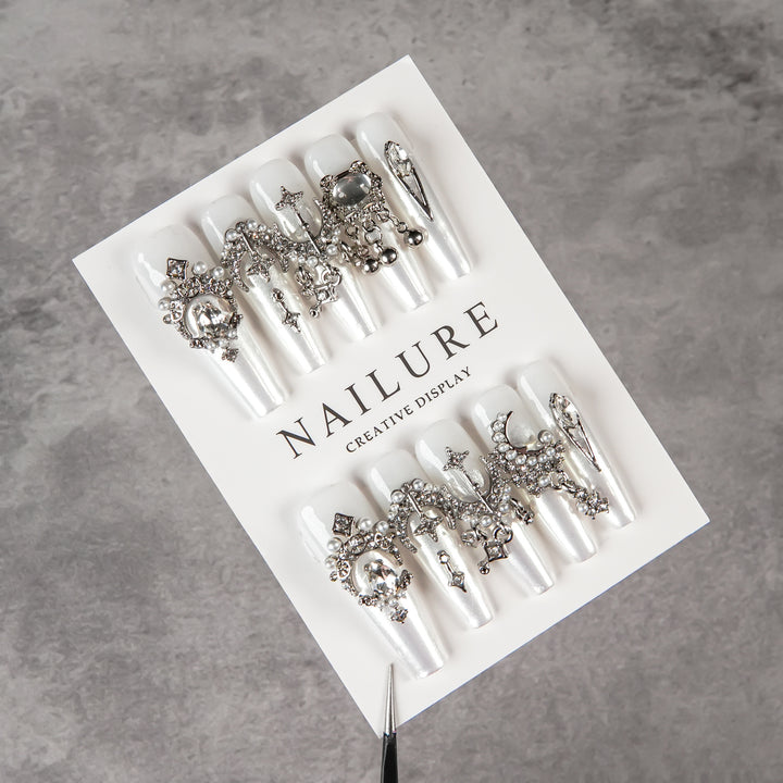 Decorative Press-On Nail Set with Embellishments