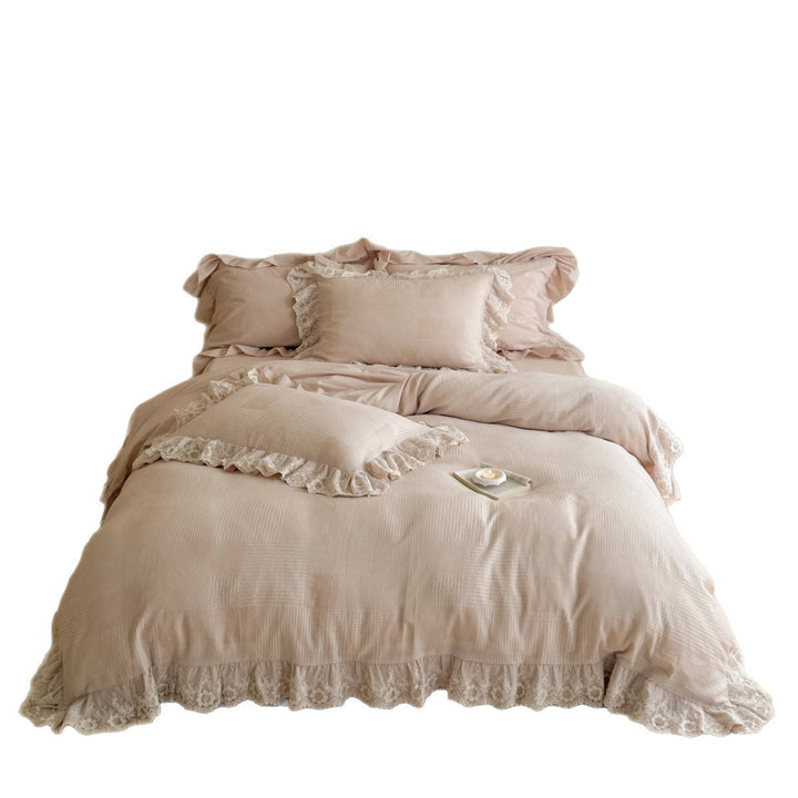 Romantic Lace-Trim Ruffled Cotton Duvet Cover Set with Patchwork Texture & Oxford Shams