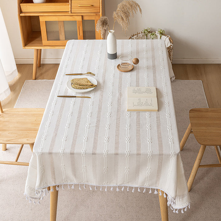 Rectangle Cotton-Linen Woven Fringe Tassel Tablecloth for Dining Table