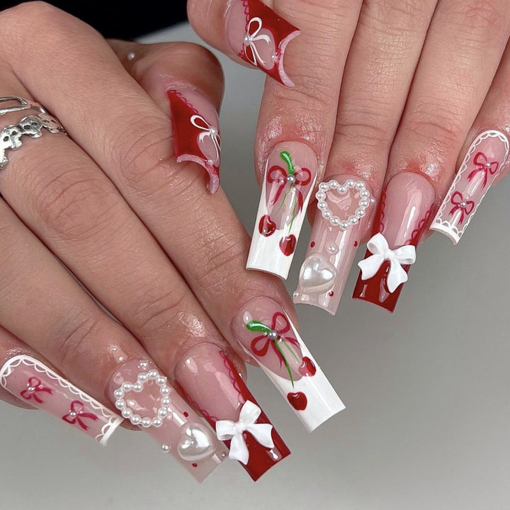 Festive Heart-Accent Acrylic Nail Art Extensions Stornfield