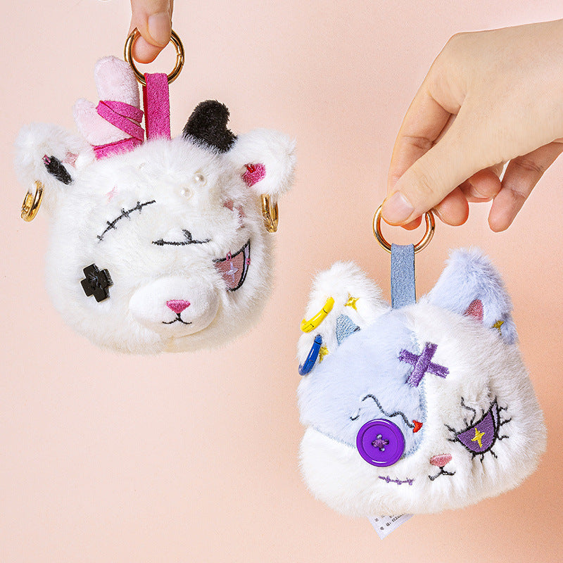 Faux-Fur Bunny Charm Key Fob with Embroidered Patchwork Face and Gold Metal Ring Stornfield