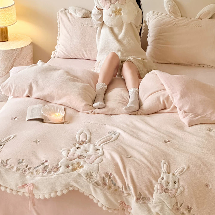Plush Quilted Bunny Appliqué Duvet Cover Set with Pom-Pom Trim