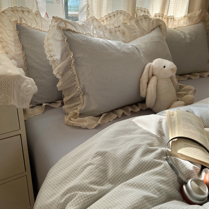 Ruffled Eyelet Lace Trim Gingham Cotton Duvet Cover Set