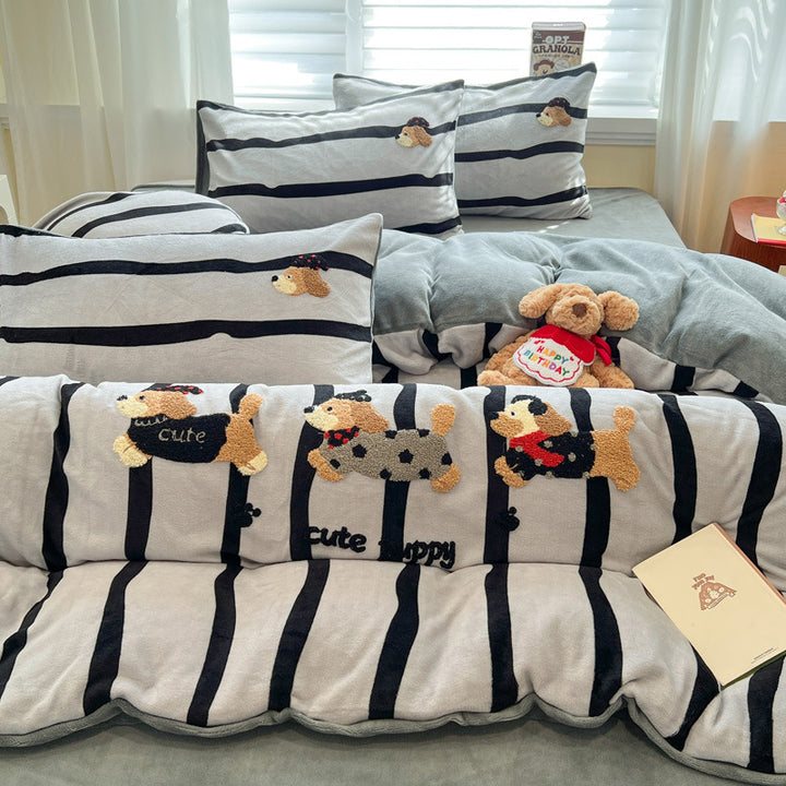 Plush Embroidered Cat Stripe Comforter Bedding Set