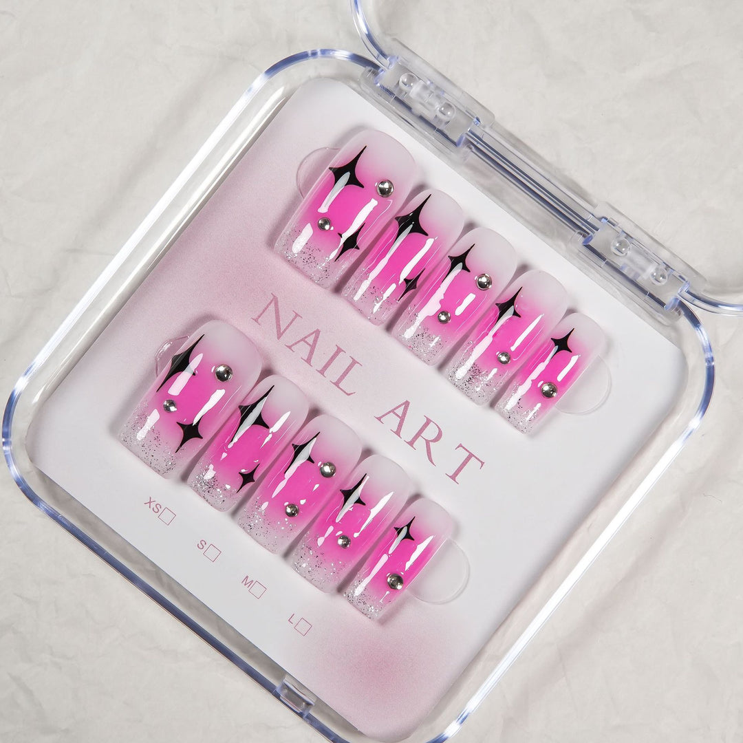 Artistic Press-On Nail Set with Gem Accents