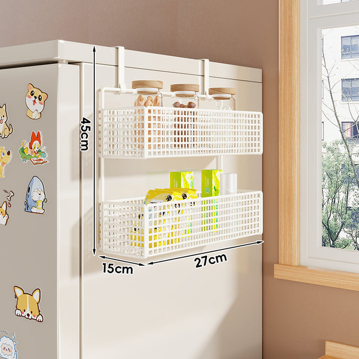 Over-Refrigerator Vertical Hanging Mesh Storage Rack with Deep Baskets and Hook Rail