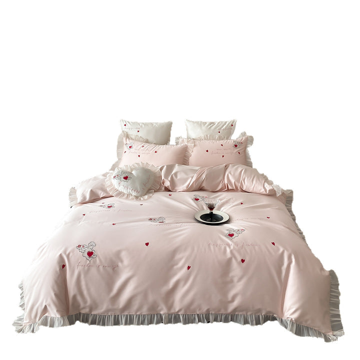 Satin-Feel Frilled Embroidered Heart Motif Duvet Cover Set