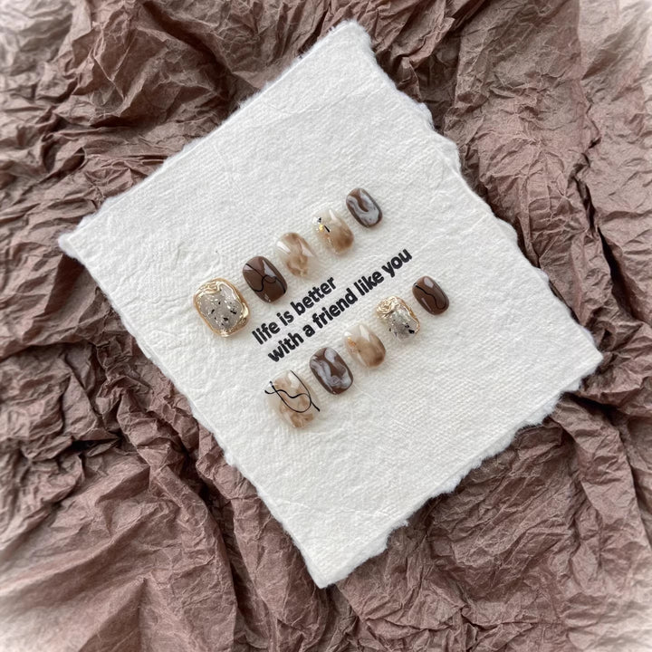 Artistic Press-On Nail Art Set with Marble and Abstract Design