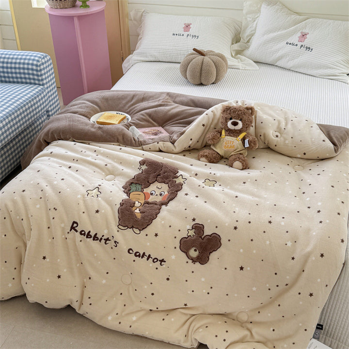 quilted cuddly blanket with 3D rabbit applique and floral microfiber cover
