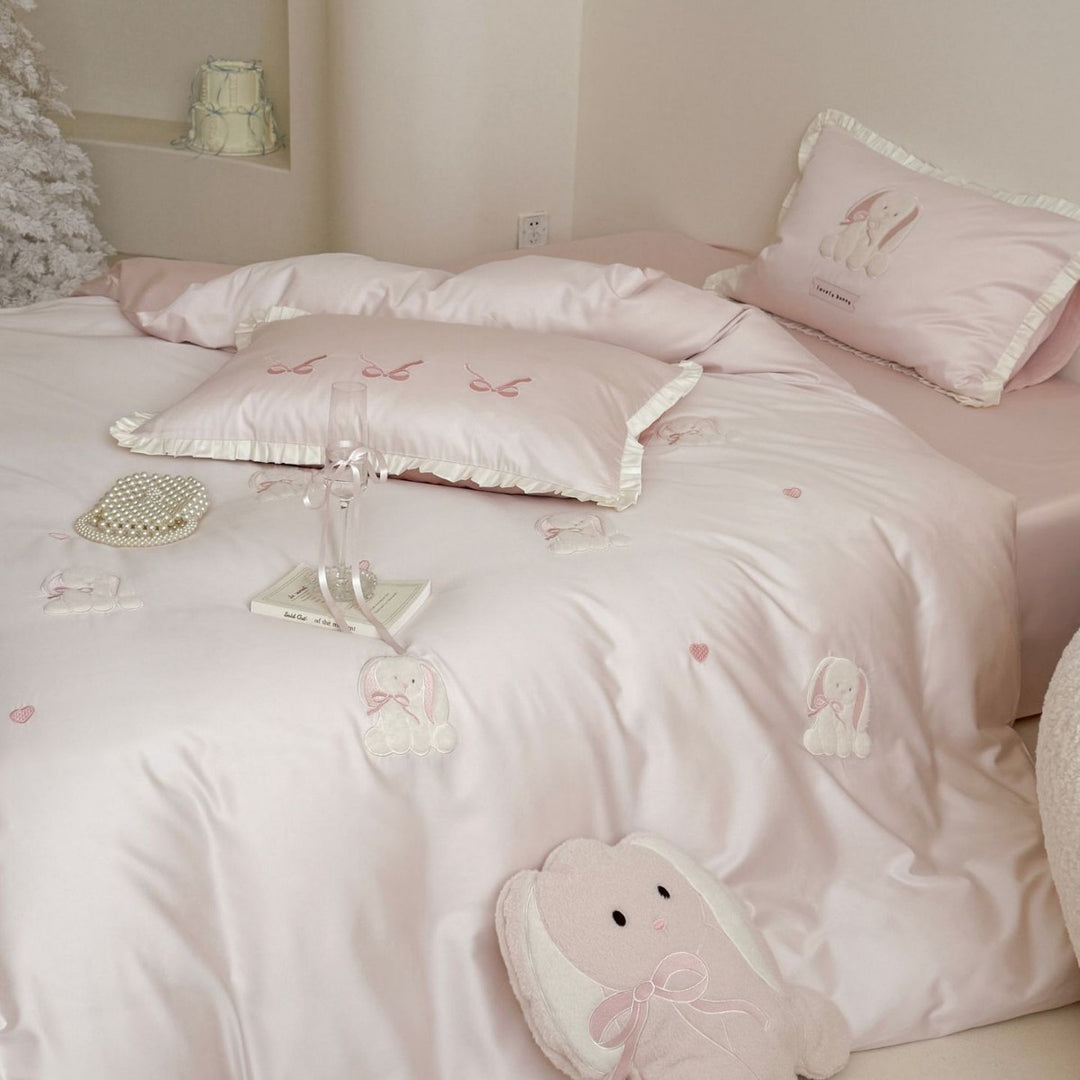Embroidered Satin Duvet Cover Set with Ruffled Pillowcases & Plush Accent