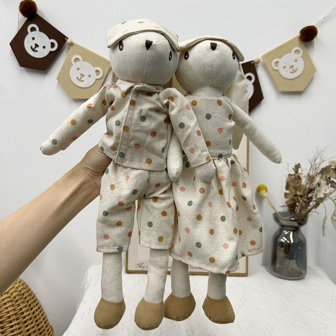 Handcrafted Linen Bunny Rag Doll with Long Ears and Gingham Dress