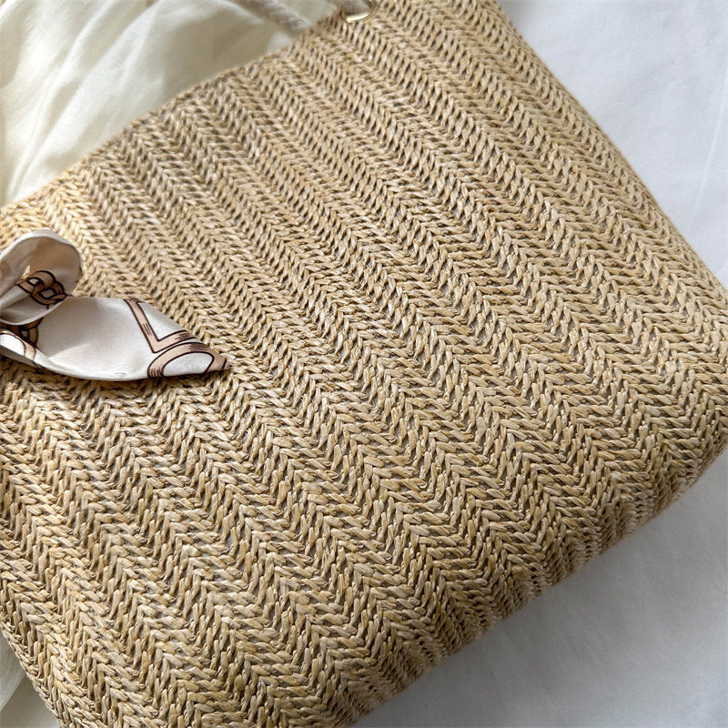 Woven Straw Tote Bag with Decorative Scarf