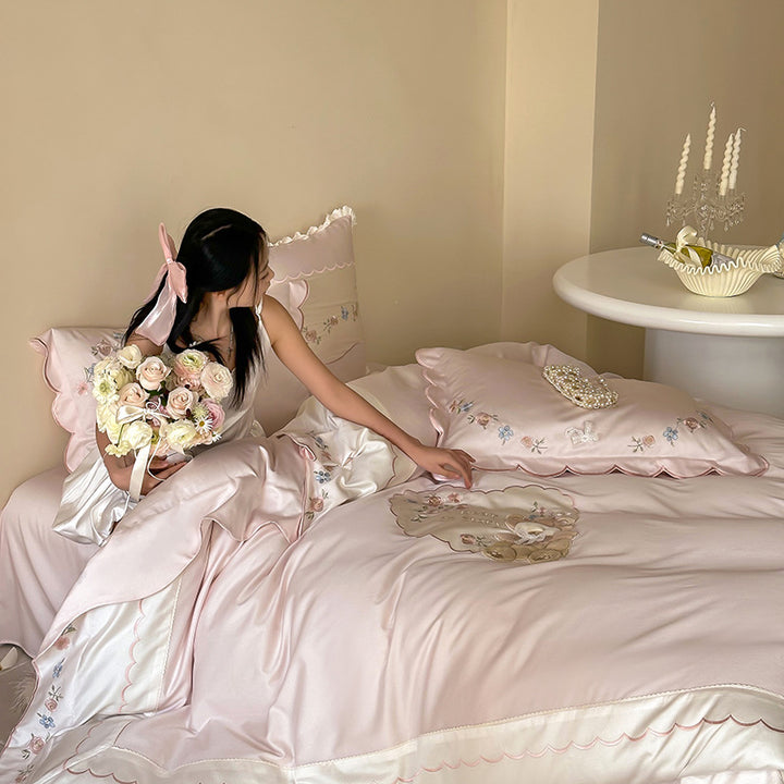 Embroidered Ruffled Satin-Feel Floral Duvet Cover Set with Decorative Bolster and Scalloped Hem